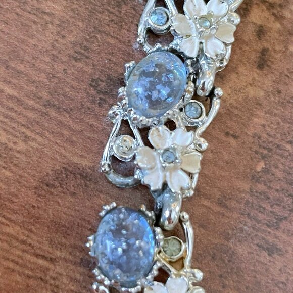 Vintage 1950s Choker Necklace Blue Rhinestone Confetti Lucite Floral Enamel READ - Picture 6 of 16